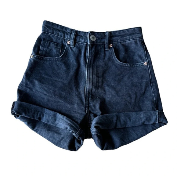 Zara 2 XS Black Denim Jean Shorts Button Zip Fly High Waisted - Picture 1 of 9
